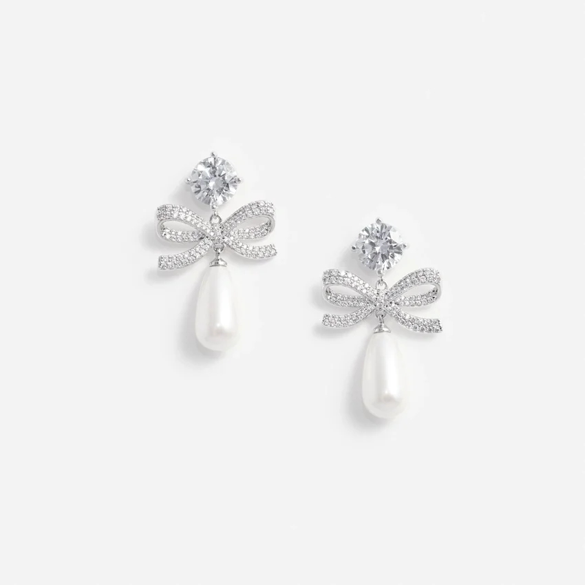 Crystal Bow Pearl Tiered Earrings Crystal Bow Pearl Tiered Earrings