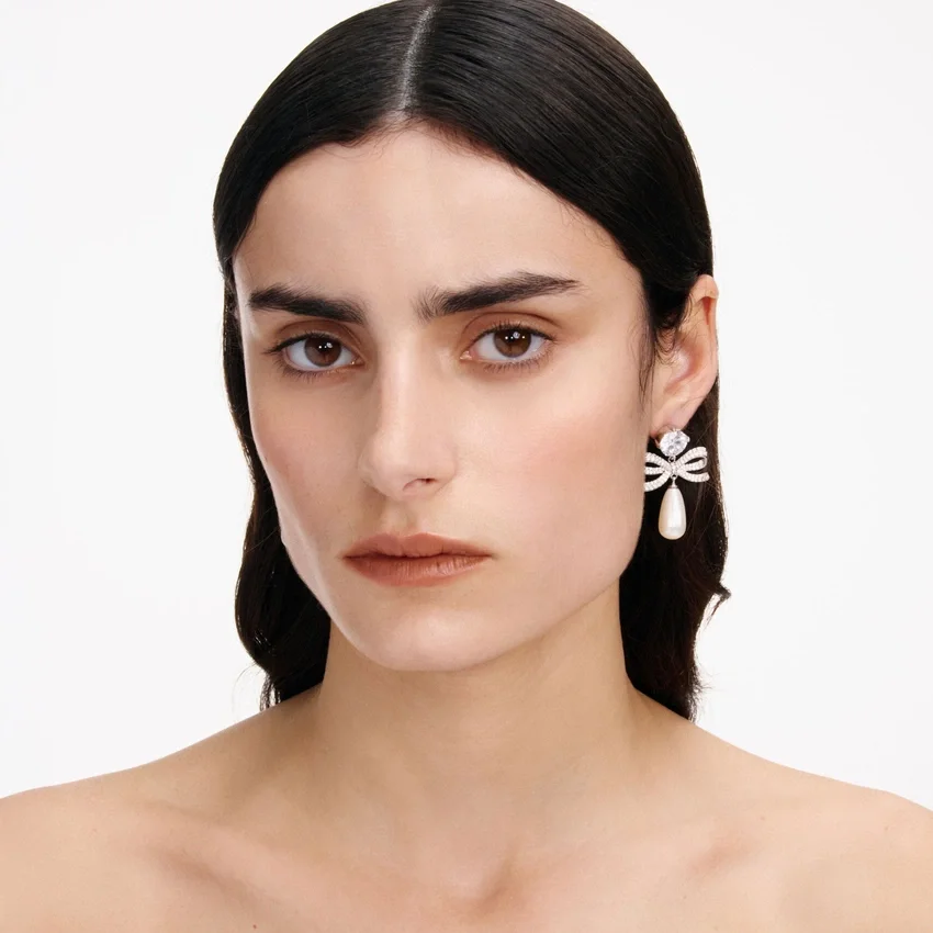 Crystal Bow Pearl Tiered Earrings Crystal Bow Pearl Tiered Earrings