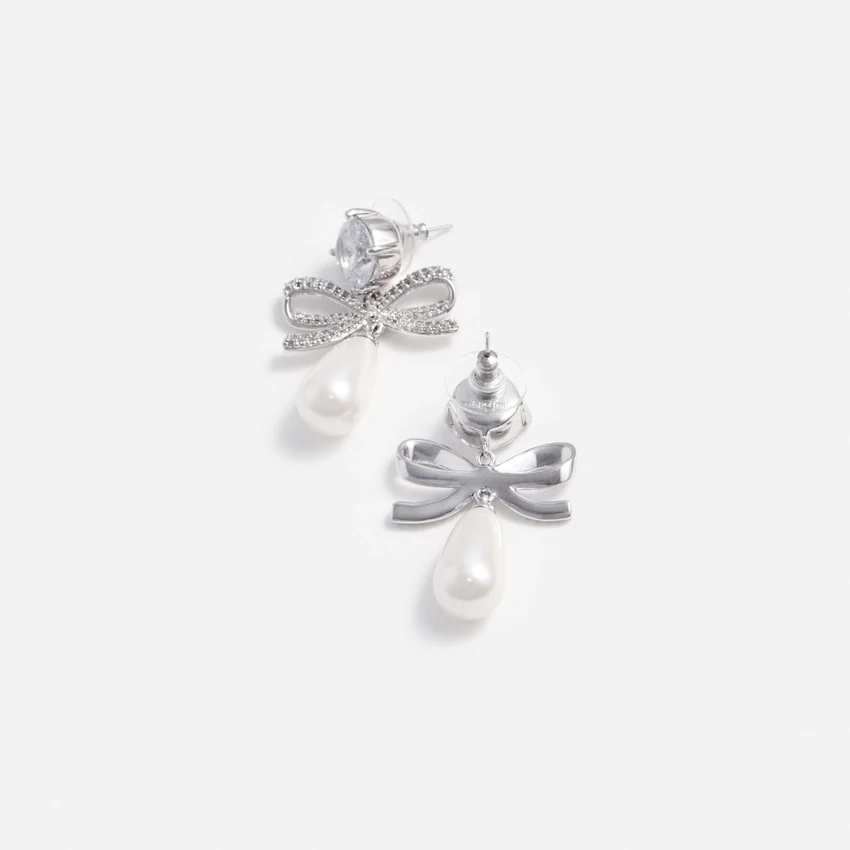 Crystal Bow Pearl Tiered Earrings Crystal Bow Pearl Tiered Earrings