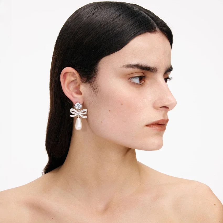 Crystal Bow Pearl Tiered Earrings Crystal Bow Pearl Tiered Earrings
