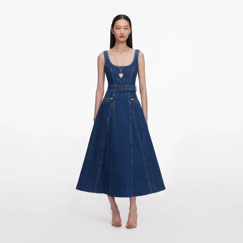 Denim Flared Belted Midi Dress Denim Flared Belted Midi Dress
