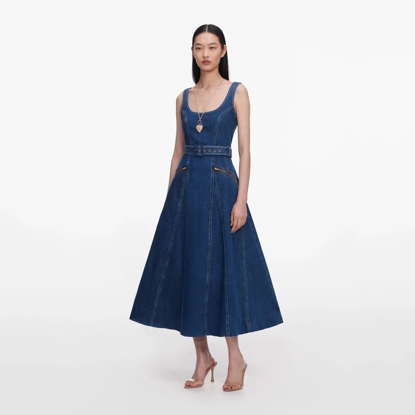 Denim Flared Belted Midi Dress Denim Flared Belted Midi Dress