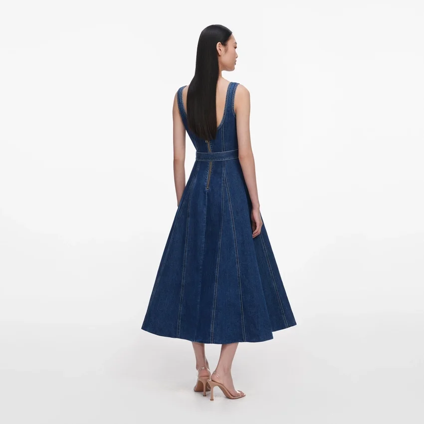 Denim Flared Belted Midi Dress Denim Flared Belted Midi Dress