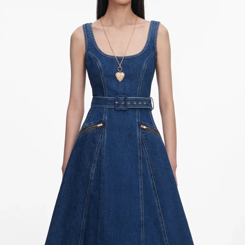 Denim Flared Belted Midi Dress Denim Flared Belted Midi Dress