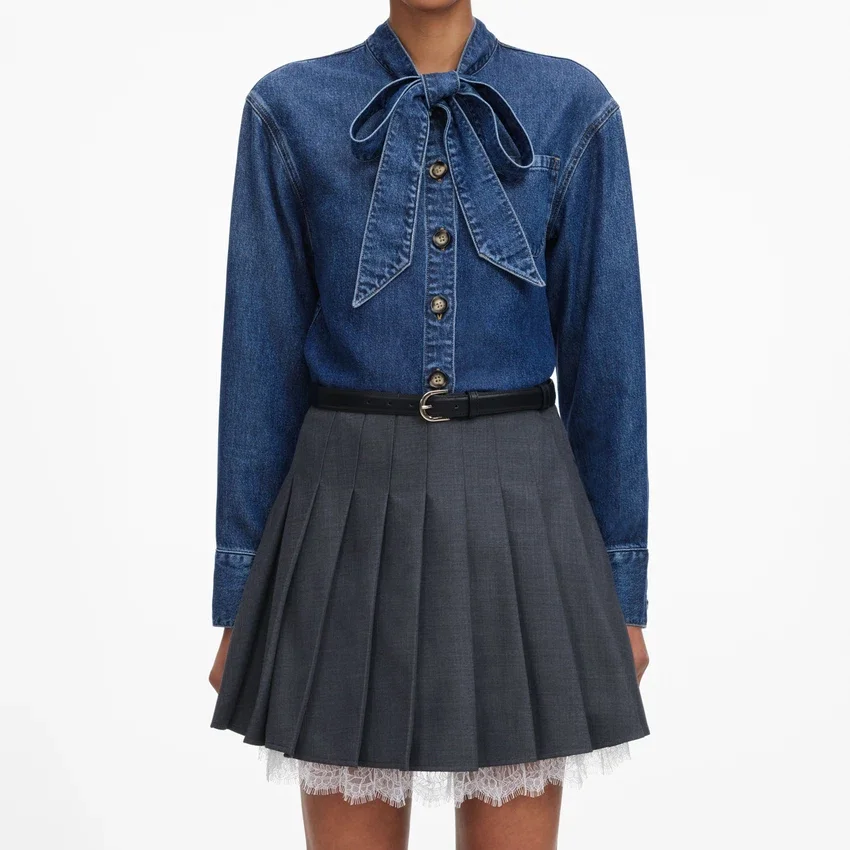 Denim Tie Neck Shirt Denim Tie Neck Shirt