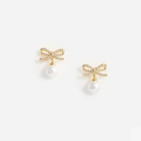 Gold Bow Pearl Earrings