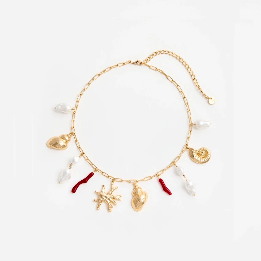 Gold Coral Pearl Charm Necklace Gold Coral Pearl Charm Necklace