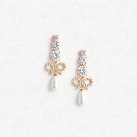 Gold Crystal Bow Pearl Earrings
