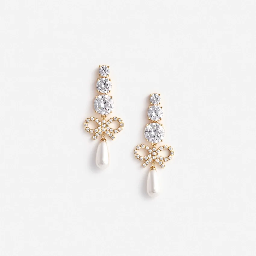 Gold Crystal Bow Pearl Earrings Gold Crystal Bow Pearl Earrings