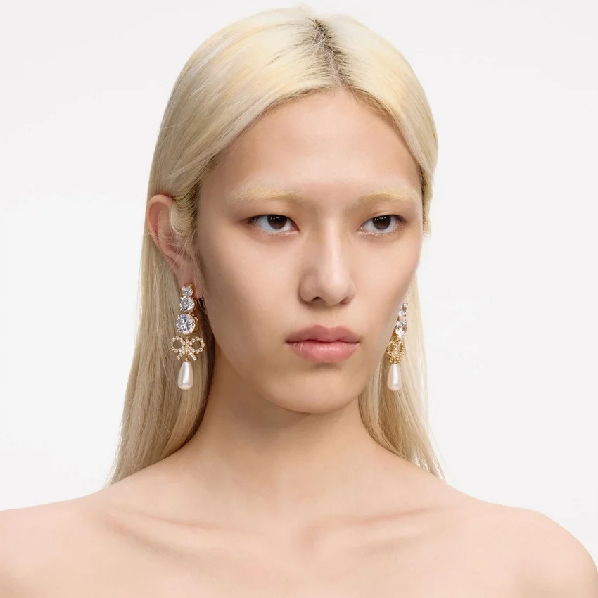 Gold Crystal Bow Pearl Earrings Gold Crystal Bow Pearl Earrings