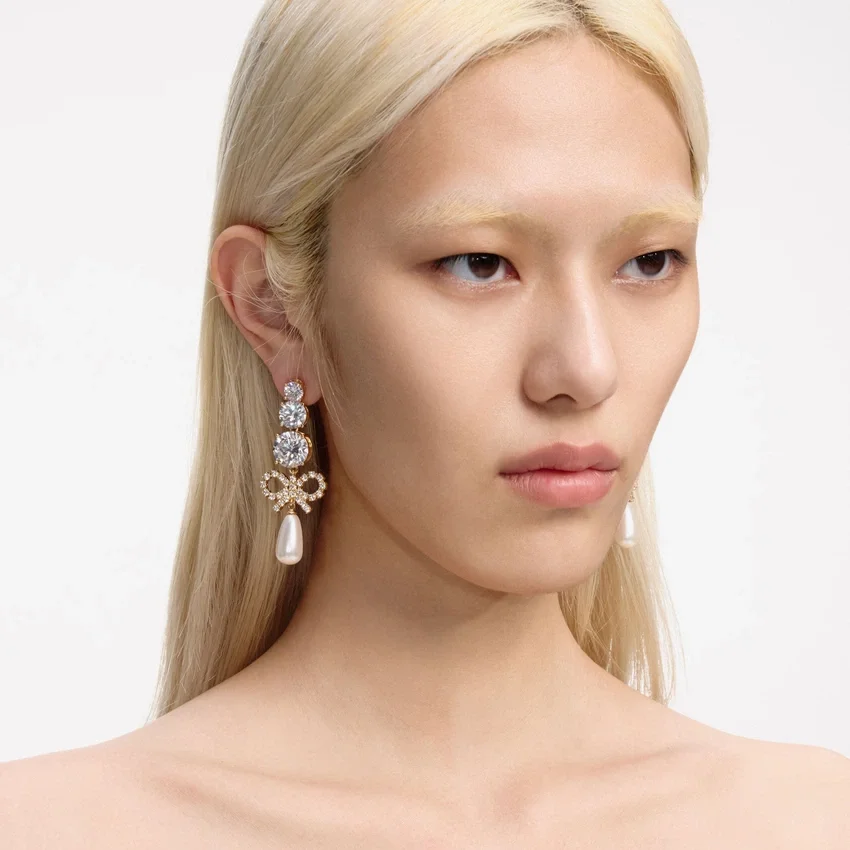 Gold Crystal Bow Pearl Earrings Gold Crystal Bow Pearl Earrings