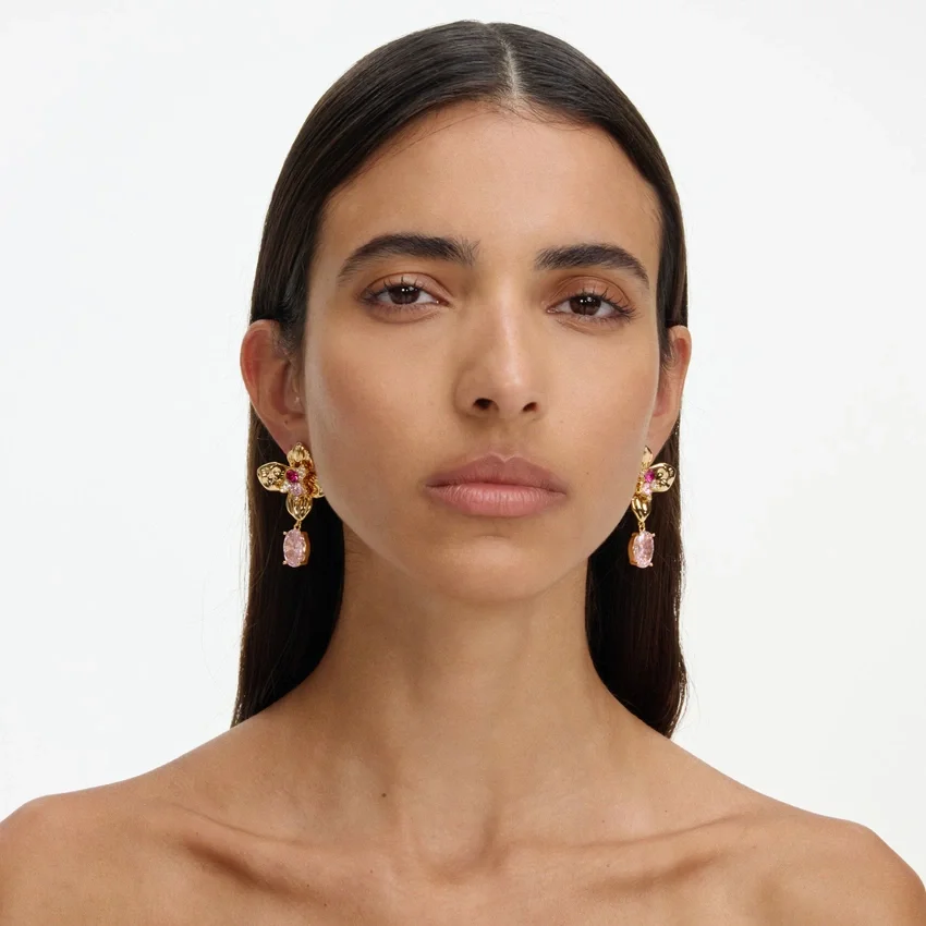 Gold Crystal Embellished Flower Earrings Gold Crystal Embellished Flower Earrings