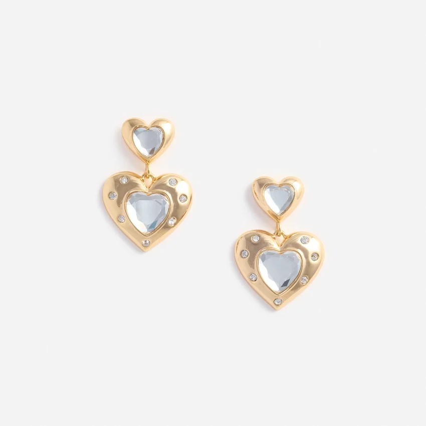 Gold Crystal Heart Tiered Earrings Gold Crystal Heart Tiered Earrings
