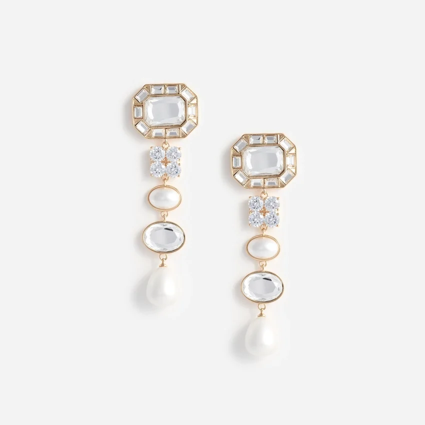 Gold Crystal Pearl Tiered Earrings Gold Crystal Pearl Tiered Earrings