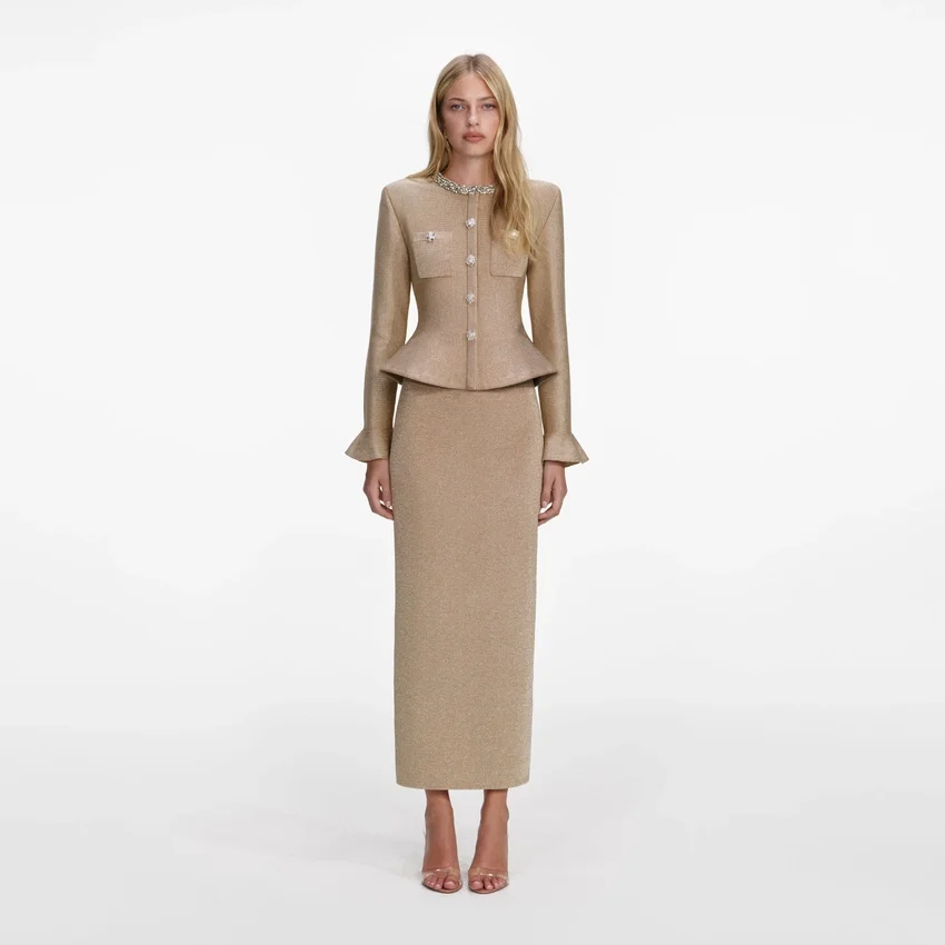 Gold Crystal Trim Knit Midi Dress Gold Crystal Trim Knit Midi Dress
