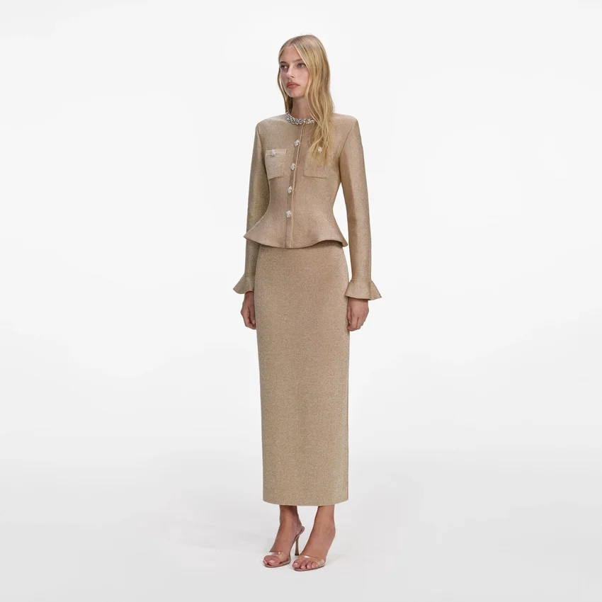 Gold Crystal Trim Knit Midi Dress Gold Crystal Trim Knit Midi Dress