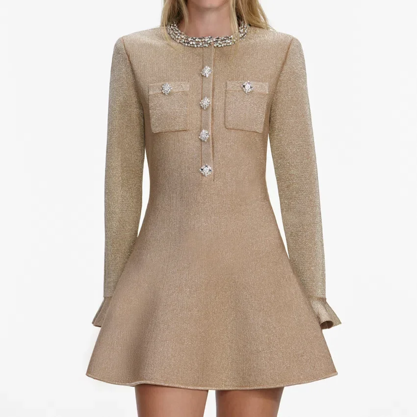 Gold Crystal Trim Knit Mini Dress Gold Crystal Trim Knit Mini Dress