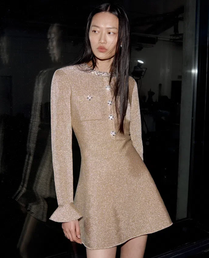 Gold Crystal Trim Knit Mini Dress Gold Crystal Trim Knit Mini Dress