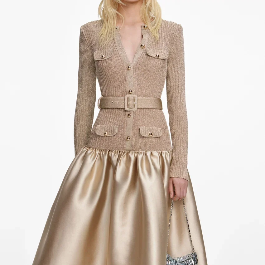 Gold Knit Taffeta Midi Dress Gold Knit Taffeta Midi Dress