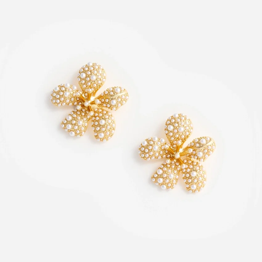 Gold Pearl Encrusted Flower Earrings Gold Pearl Encrusted Flower Earrings