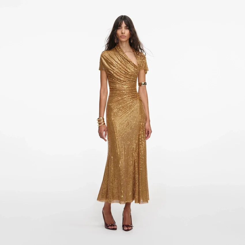 Gold Rhinestone Drape Midi Dress Gold Rhinestone Drape Midi Dress