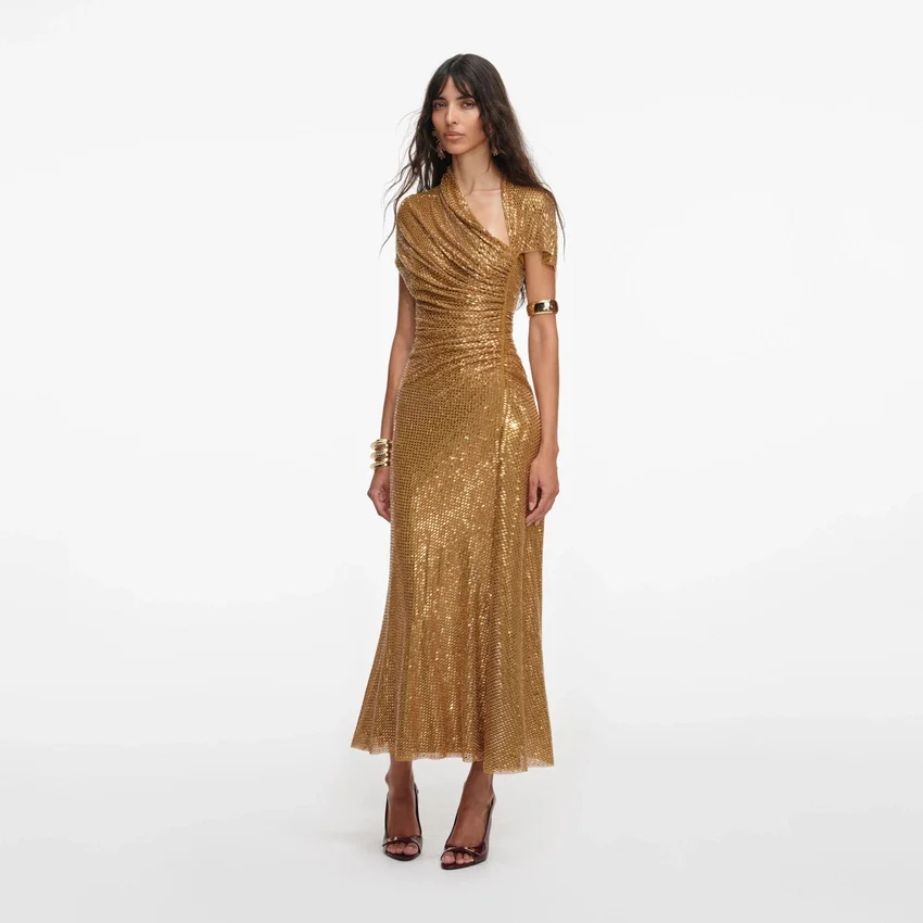 Gold Rhinestone Drape Midi Dress Gold Rhinestone Drape Midi Dress