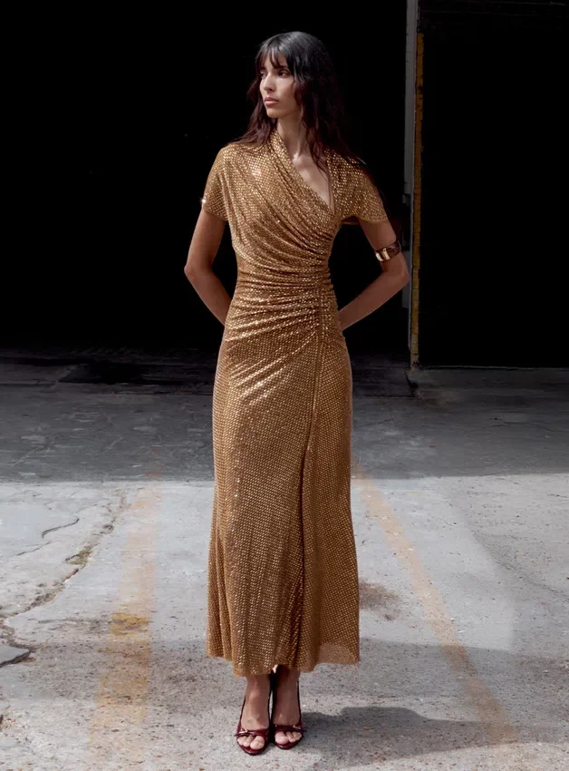 Gold Rhinestone Drape Midi Dress Gold Rhinestone Drape Midi Dress