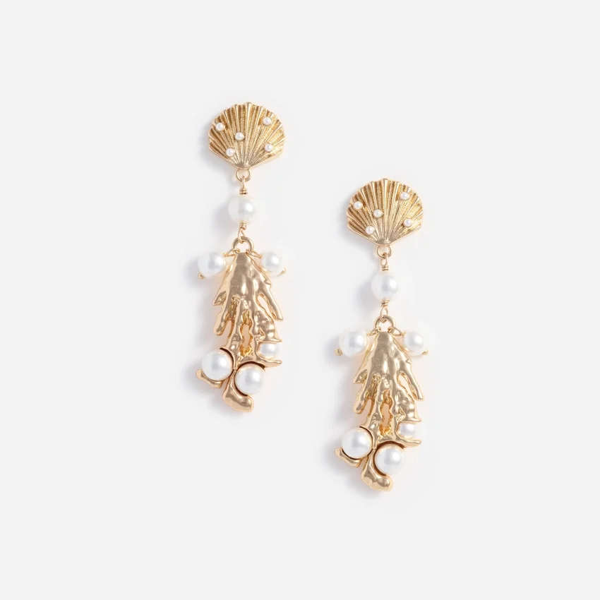 Gold Shell Pearl Coral Earrings Gold Shell Pearl Coral Earrings