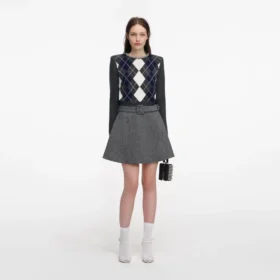Grey Herringbone Flared Mini Skirt Grey Herringbone Flared Mini Skirt