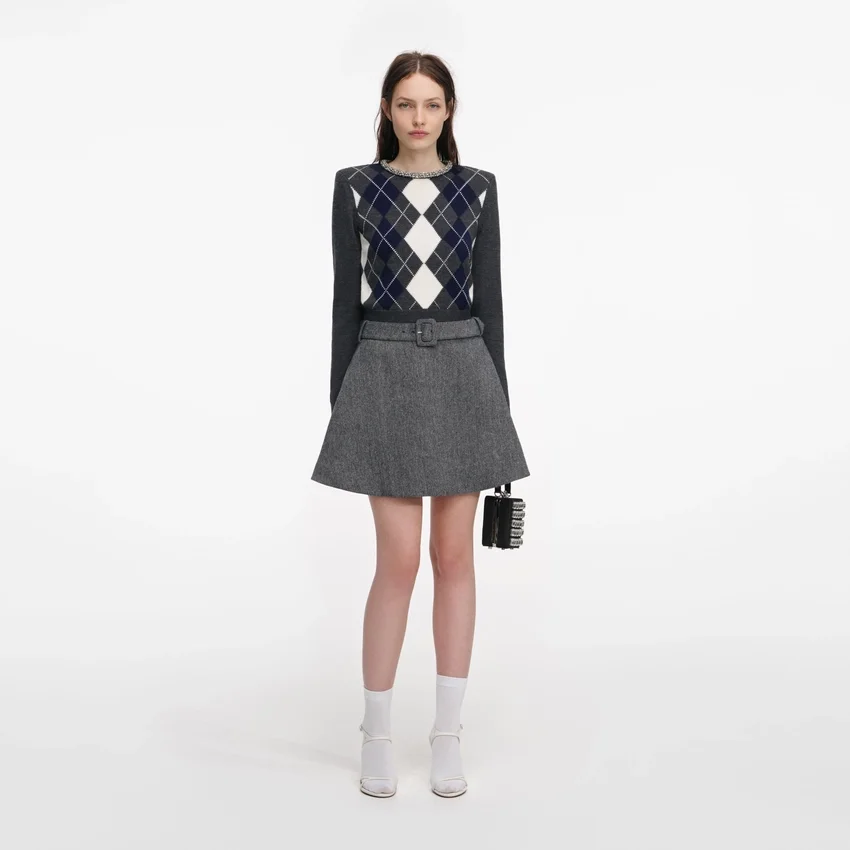 Grey Herringbone Flared Mini Skirt Grey Herringbone Flared Mini Skirt