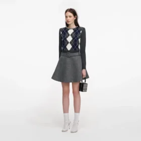Grey Herringbone Flared Mini Skirt Grey Herringbone Flared Mini Skirt