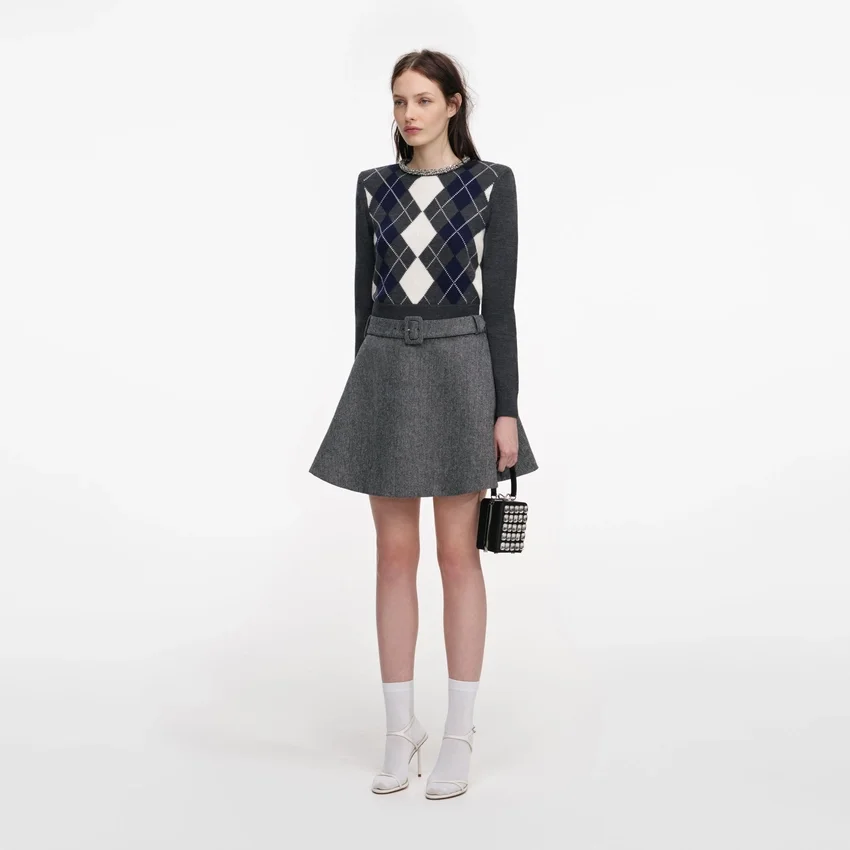 Grey Herringbone Flared Mini Skirt Grey Herringbone Flared Mini Skirt