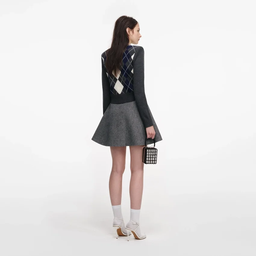 Grey Herringbone Flared Mini Skirt Grey Herringbone Flared Mini Skirt