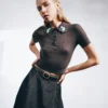 Grey Embroidered Pointelle Knit Top Grey Embroidered Pointelle Knit Top
