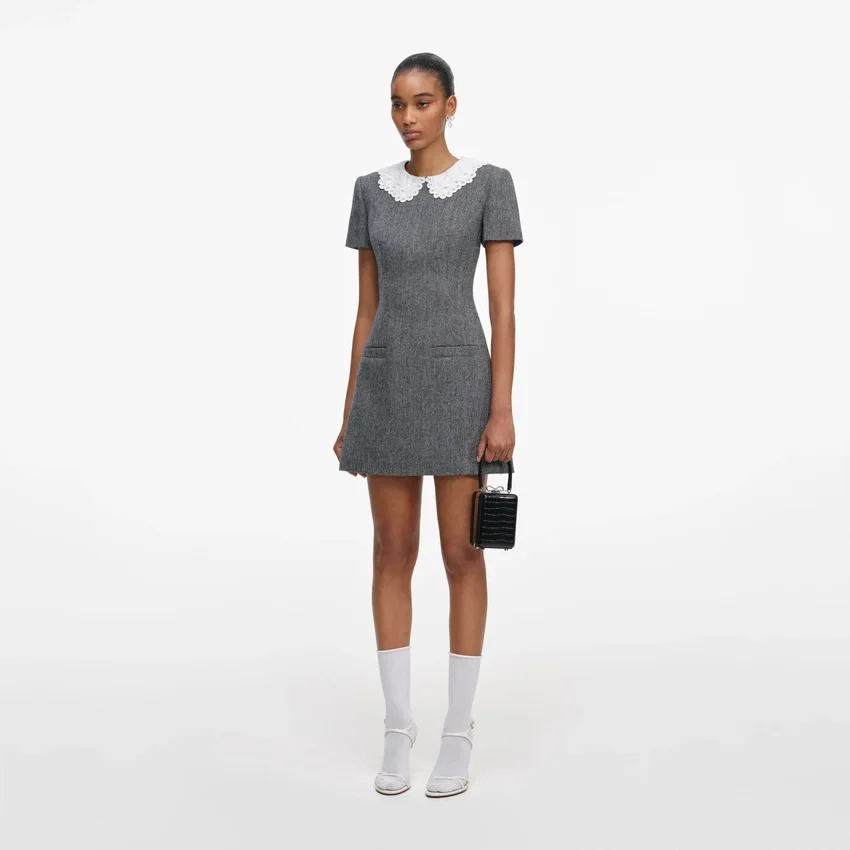 Grey Herringbone Collared Mini Dress Grey Herringbone Collared Mini Dress