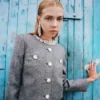 Grey Herringbone Crystal Trim Jacket