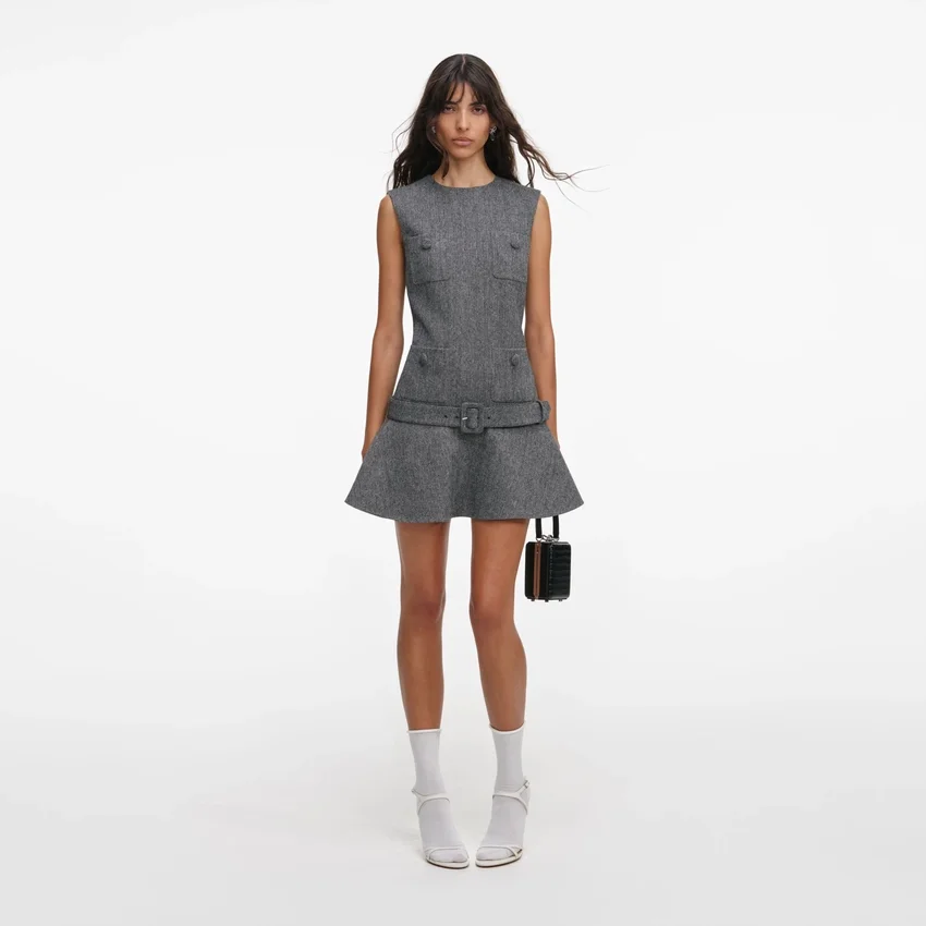 Grey Herringbone Flared Mini Dress Grey Herringbone Flared Mini Dress