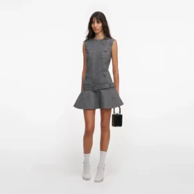 Grey Herringbone Flared Mini Dress