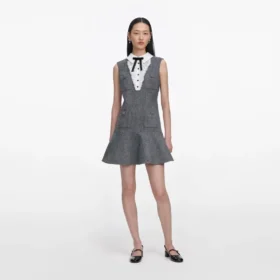 Grey Herringbone Lace Bib Mini Dress