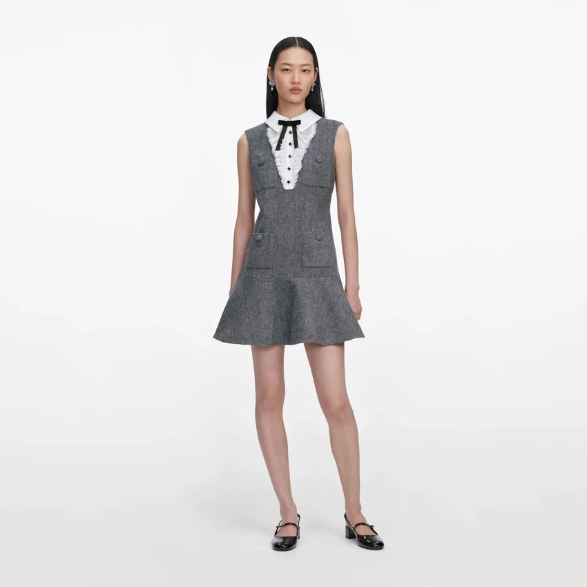 Grey Herringbone Lace Bib Mini Dress Grey Herringbone Lace Bib Mini Dress