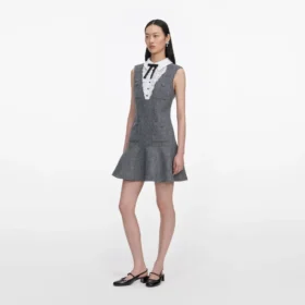 Grey Herringbone Lace Bib Mini Dress