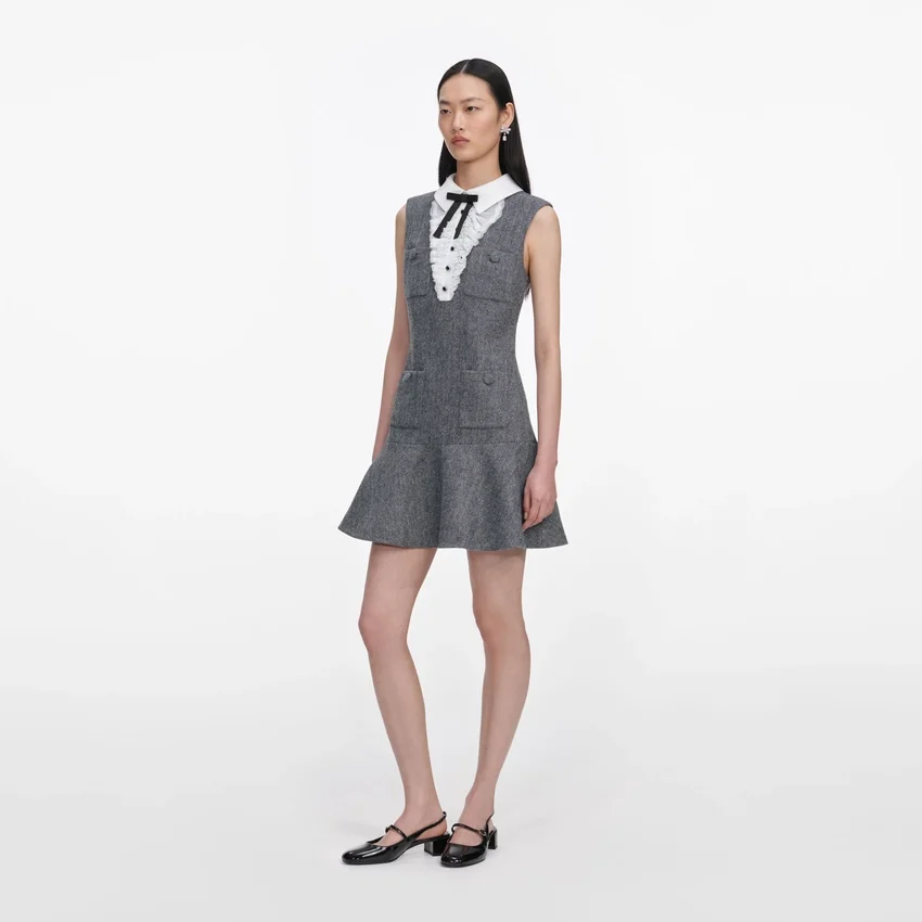 Grey Herringbone Lace Bib Mini Dress Grey Herringbone Lace Bib Mini Dress