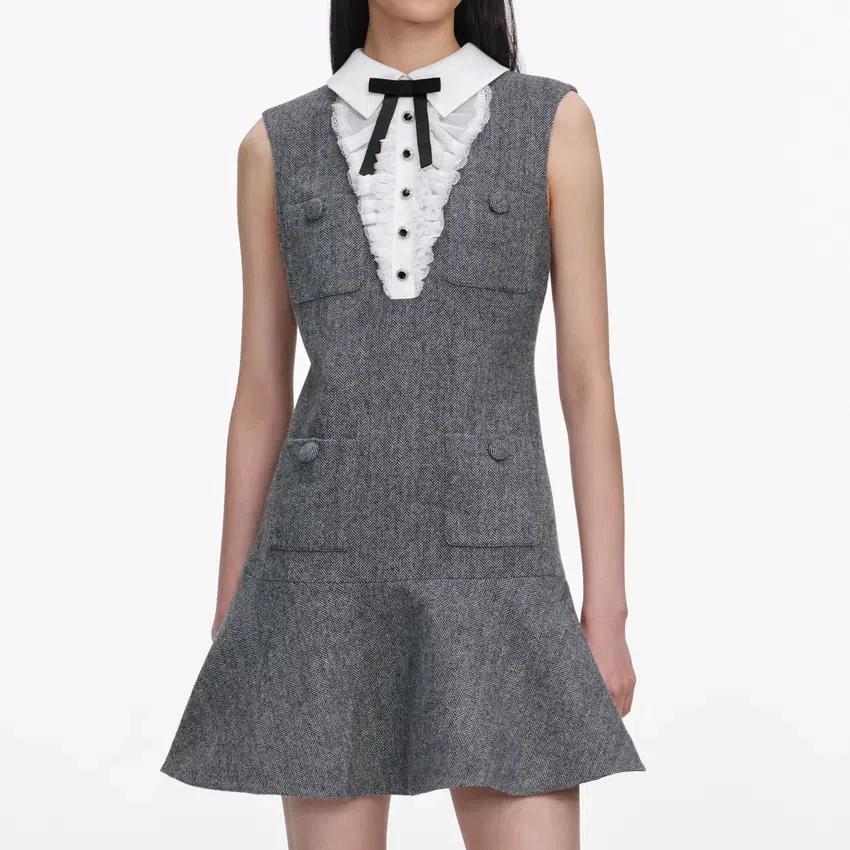 Grey Herringbone Lace Bib Mini Dress Grey Herringbone Lace Bib Mini Dress