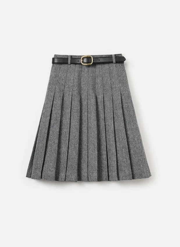 Grey Herringbone Pleated Midi Skirt Grey Herringbone Pleated Midi Skirt