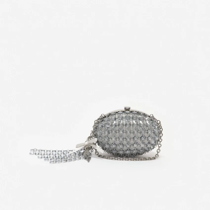 Grey Oval Crystal Chain Clutch Bag Grey Oval Crystal Chain Clutch Bag