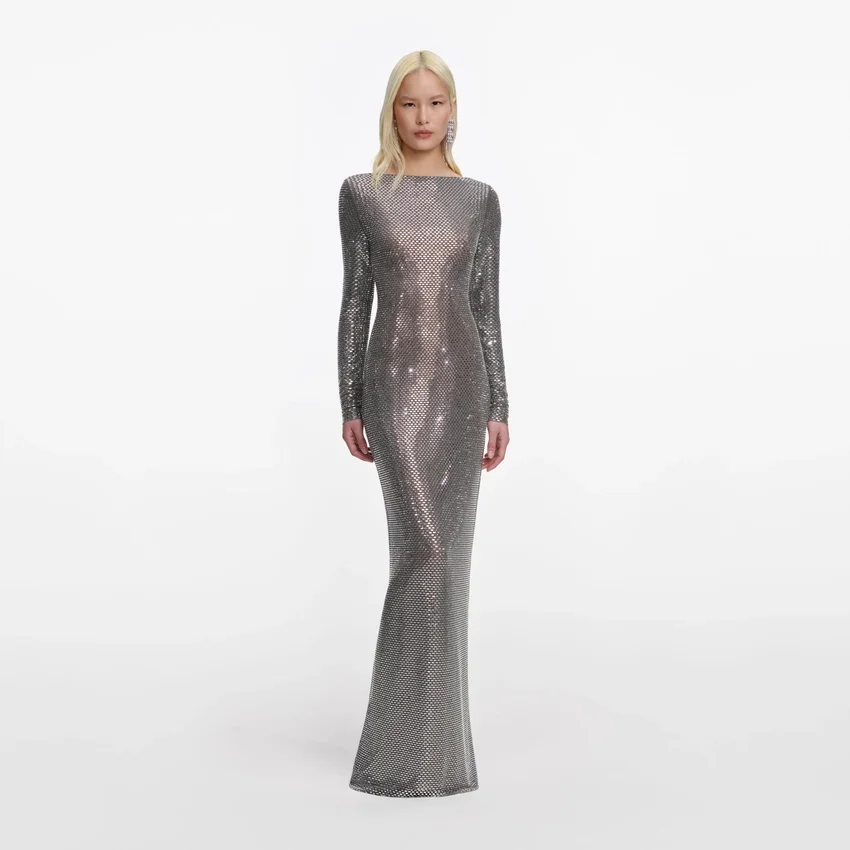 Grey Rhinestone Long Sleeve Maxi Dress Grey Rhinestone Long Sleeve Maxi Dress
