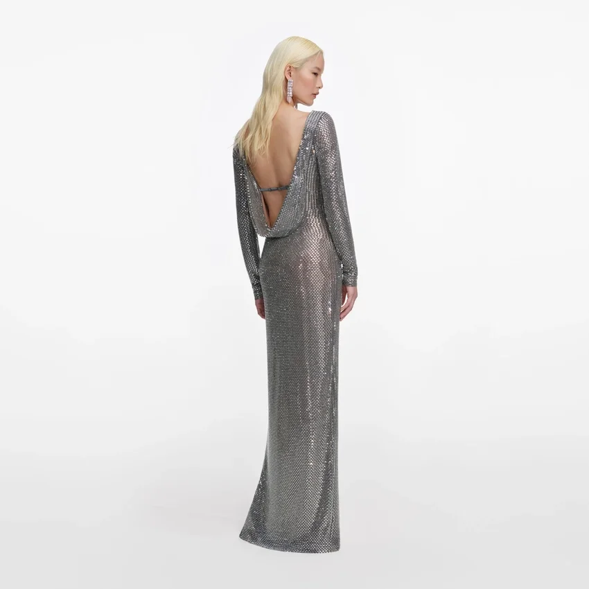 Grey Rhinestone Long Sleeve Maxi Dress Grey Rhinestone Long Sleeve Maxi Dress