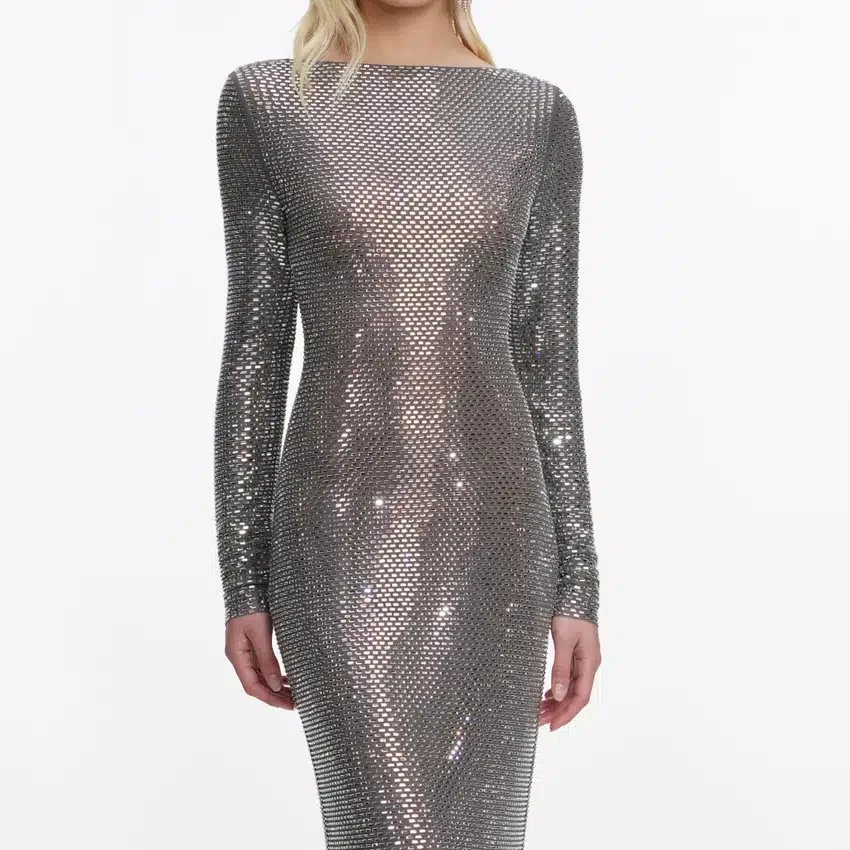 Grey Rhinestone Long Sleeve Maxi Dress Grey Rhinestone Long Sleeve Maxi Dress