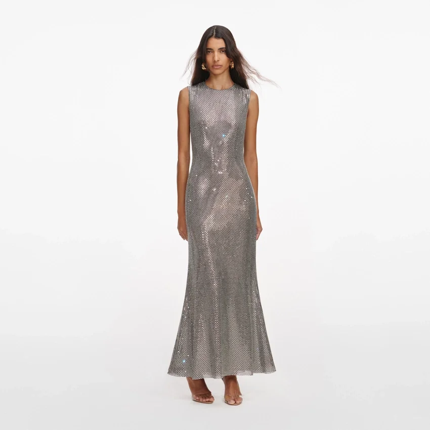 Grey Rhinestone Mesh Midi Dress Grey Rhinestone Mesh Midi Dress