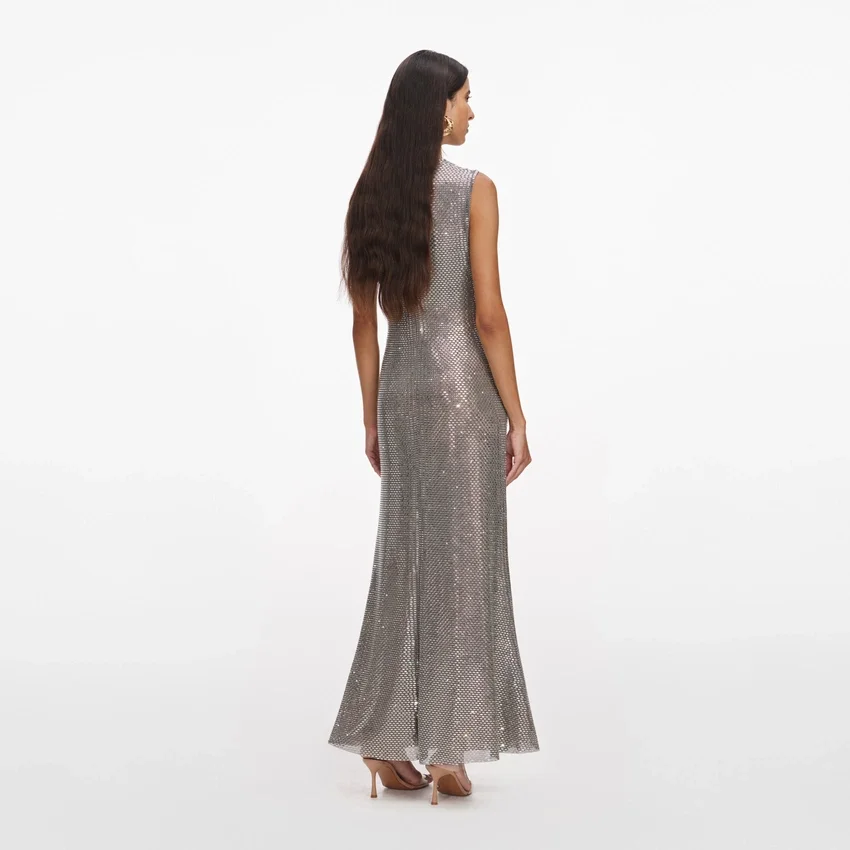 Grey Rhinestone Mesh Midi Dress Grey Rhinestone Mesh Midi Dress